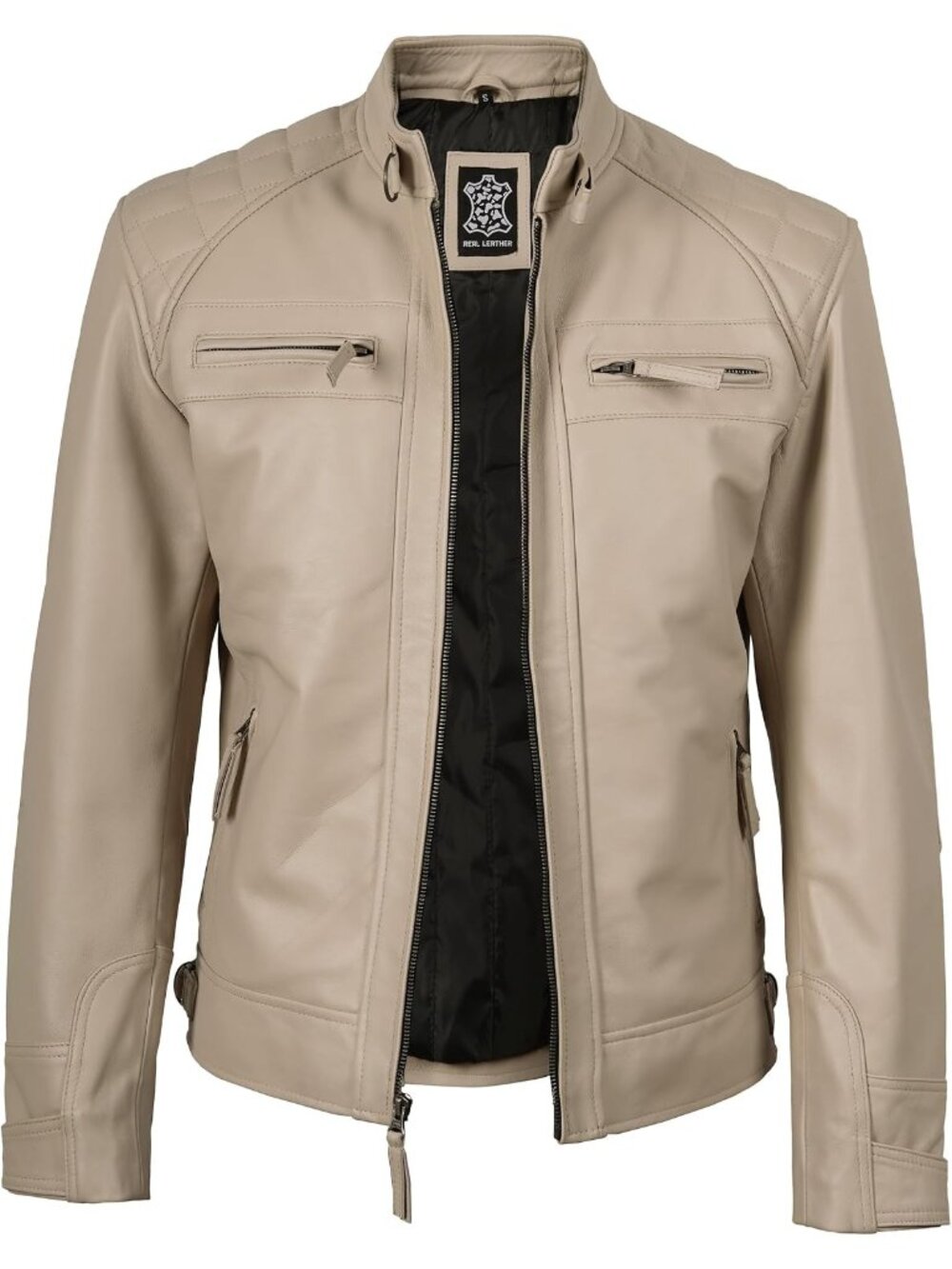 Men’s Beige Genuine Lambskin Leather Cafe Racer Motorcycle Jacket